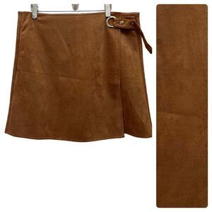Patrizia Luca New Camel Brown Faux Suede Wrap Mini A Line Skirt Size XL